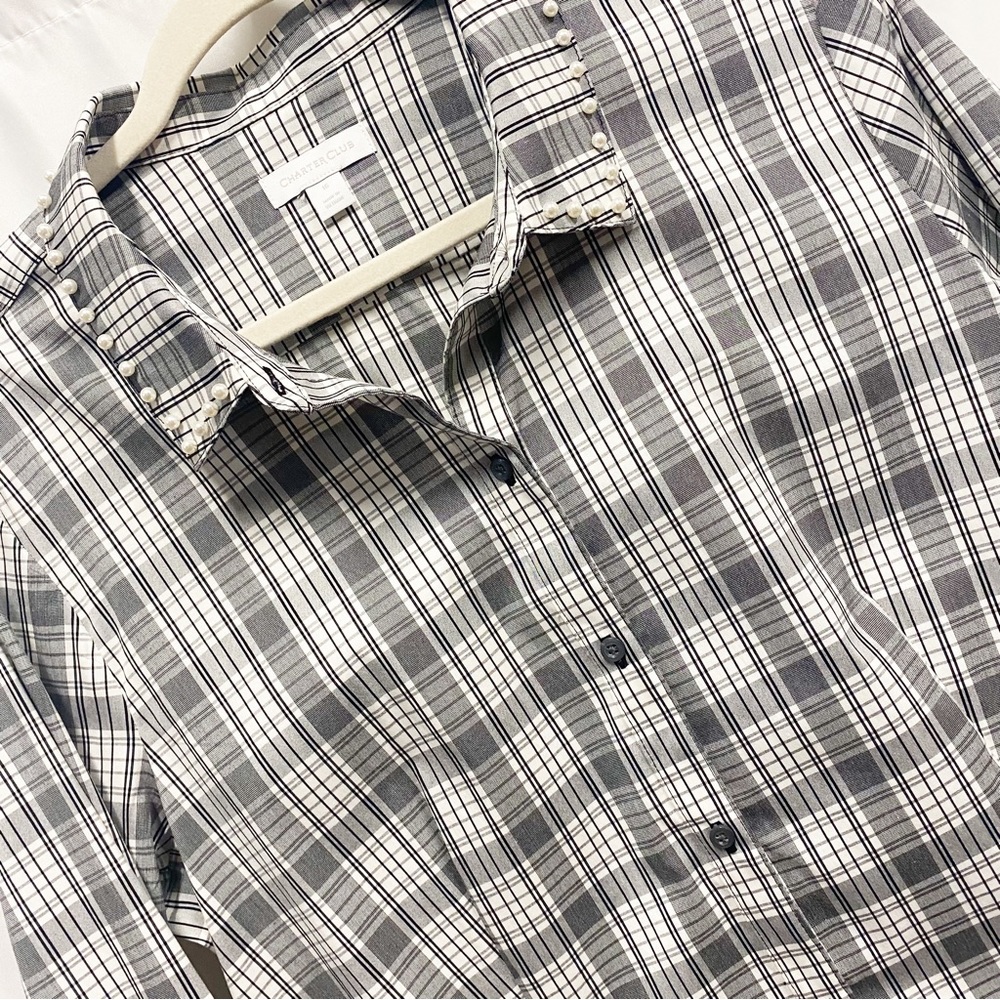 Charter Club Pearl Collar Gray & White Plaid Button Down Shirt - Picture 2 of 10